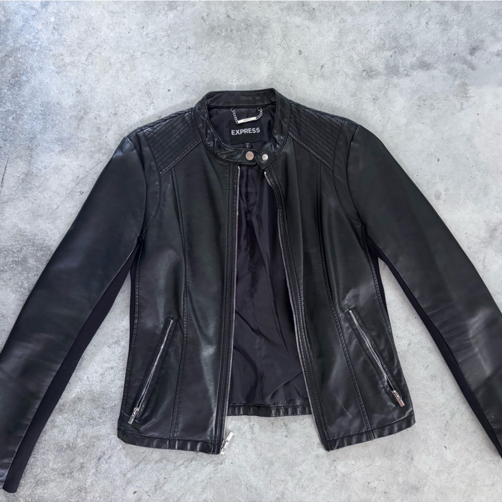 Women’s Express Black Faux Leather Moto Jacket with Quilted Shoulder Detail